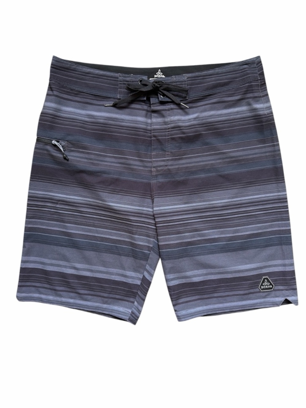 Prana Fenton Board Shorts Men’s 34 Black Gray Striped 10” Inseam